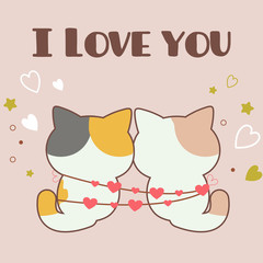 The character of cute cat with line of heart on the pink background. The cute cat with text of I love you. The character of cute cat in flat vector style.