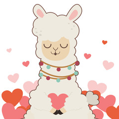 The character of cute alpaca smiling ang holding a heart on the white background. The character of cute alpaca hugging a heart. The character of cute alpaca in flat vector style.