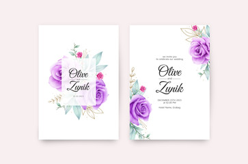 Elegant wedding card template with roses purple watercolor