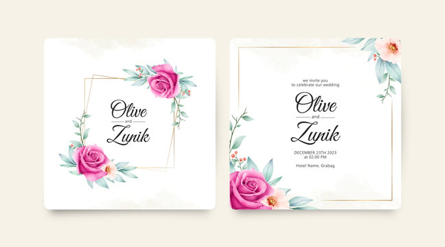 Beautiful wedding invitation card template with golden frame floral watercolor