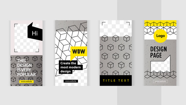 Natural gray concrete style with geometric curly backgrounds, isometric cube. Set templates for design of social networks, instagram story and print with windows for images. Delicate yellow colors.