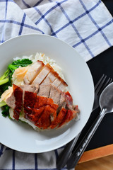 Rice with roasted duck and crispy skin pork belly