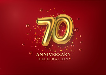 70th Anniversary celebration. Number in the form of golden balloons. Realistic 3d gold numbers and sparkling confetti, glitters. Horizontal template for Birthday or wedding event. Vector illustration
