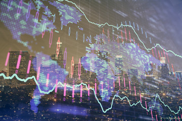 Forex chart on cityscape with tall buildings background multi exposure. Financial research concept.