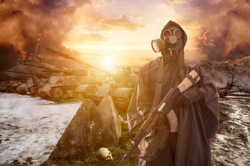 post apocalyptic survivor in mask wanders through the wasteland
