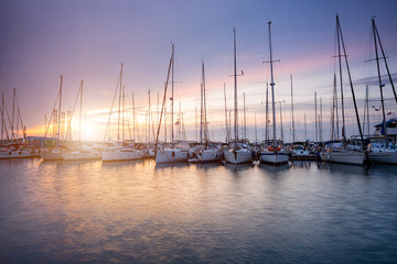 beautiful colorful morning sunlight over marina in Pula, Croatia.