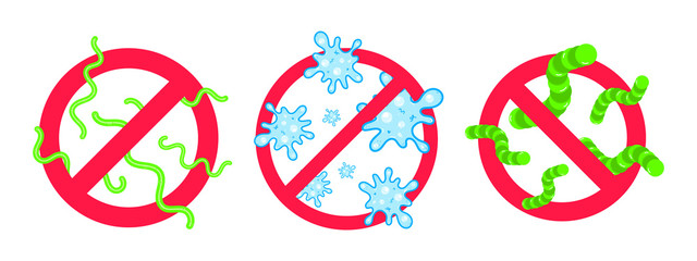 3 stop viruses and bad bacterias or germs prohobition sign. Big viruses or gems in the red stop defence circle flat style design vector illustration isolated on white background.