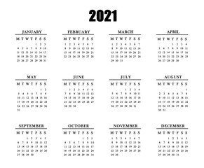 Calendar for 2021 on white background.