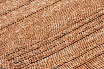 Pantiles. Closeup of a large roof with many tiles made from clay (Coppo, Italian), Metropolitan Cathedral of San Pietro, Bologna, Emilia-Romagna, Italy, Europe