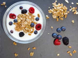 bowl of cereal with blueberries and milk