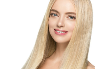 Naklejka premium Beautiful woman with blond longsmooth hair happy teeth smile