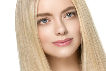 Fototapeta premium Beautiful Smooth hair woman blonde long hairstyle natural blue eyes clean skin female portrait