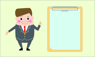 何かを説明する若いビジネスマンとクリップボード