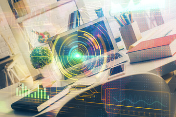 Multi exposure of desktop with personal computer and tech theme drawing. Concept of Bigdata.