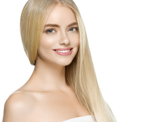 Beautiful woman healthy white teeth smile natural make up face blonde long smooth hair isolated on...
