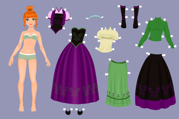 Paper doll of a pretty girl with a variety of frozen paper clothes and shoes - 326621536