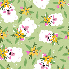 Seamless pattern with cartoon llamas, flowers, decor elements on a neutral background. colorful vector for kids, flat style. hand drawing. animals. Baby design for fabric, textile, print, wrapper.
