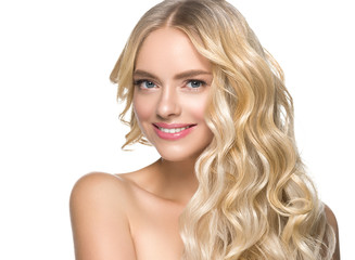 Curly hair woman healthy teeth smile natural teeth beauty concept fashion make up female young model happy girl