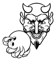 A devil cartoon character sports mascot holding a ten pin bowling ball