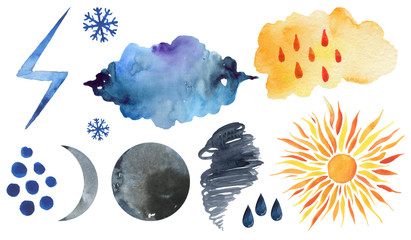 Cute weather icons. Forecast meteorology watercolor symbols. Scandinavian illustration. Weather set...