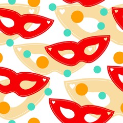 Carnival mask vector seamless patterns. Colorful patterns in red, yellow and teal colors. 