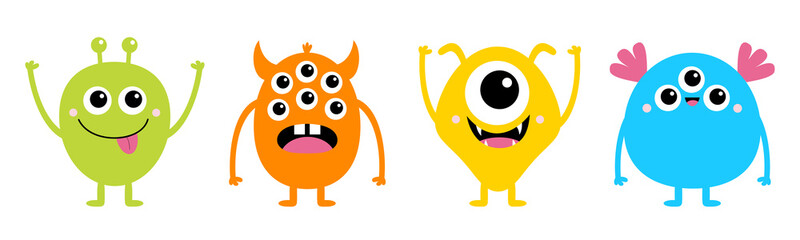 Happy Halloween. Cute monster icon set line. Four cartoon kawaii colorful boo scary spooky smiling character. Funny baby collection. Eyes, tongue, horns, hands up. White background. Flat design. © worldofvector