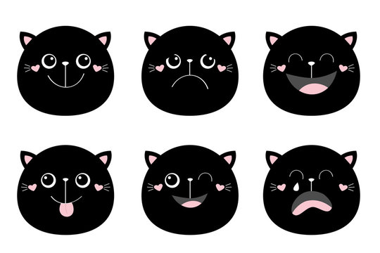 Cute black cat set. Round face head. Funny cartoon kawaii baby characters. Emotion collection. Happy, surprised, crying, sad, angry, smiling, wink, showing tongue. White background. lat design