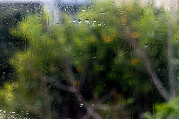 Window glass with water drops and blurs