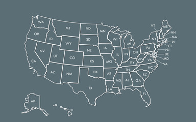 USA map outline vector with state names on black background illustration