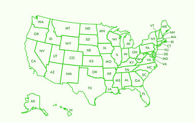 USA map outline vector with state names using green color on light background illustration