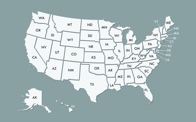 USA map land area vector with state names on black background illustration