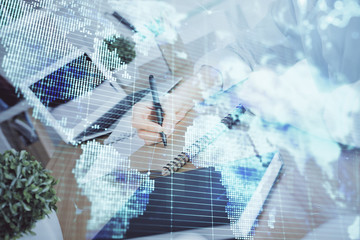 International business hud over woman's hands writing background. Concept of hard work. Double...