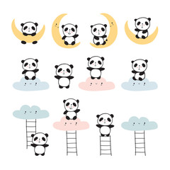Set of cute pandas on clouds and moons . Childish print for nursery, kids apparel, poster, wall art. Vector.
