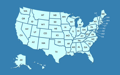 USA map land area vector with state names on blue background illustration