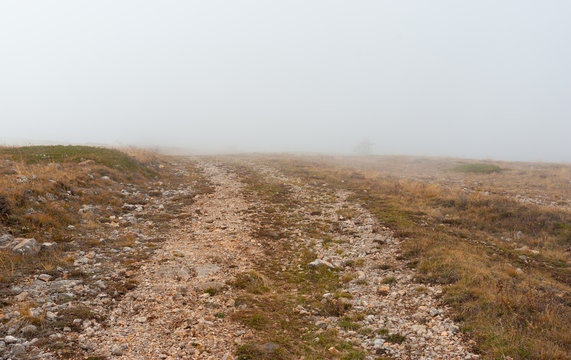 Autumnal landscape with empty medieval rocky road in fog on Babuhan Yaila natural reserve,  on Crimean peninsula