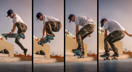 collage (4 fotos). joven skater hace un truco llamado boneless . skateaboarding