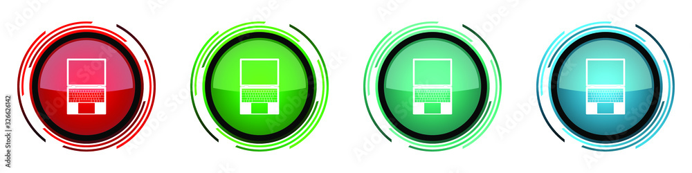 Poster Open notebook round glossy vector icons, laptop, mobile computer set of buttons for webdesign, internet and mobile phone applications in four colors options isolated on white background
