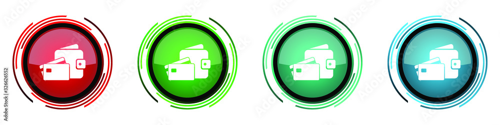 Poster wallet and credit cards round glossy vector icons, business set of buttons for webdesign, internet a