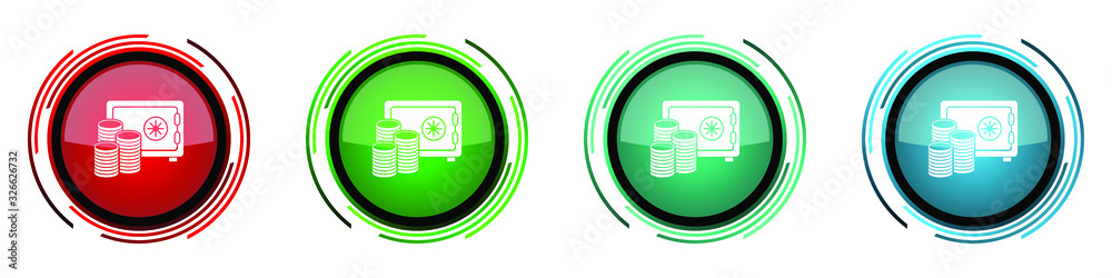 Poster Safe and money round glossy vector icons, bank, business set of buttons for webdesign, internet and mobile phone applications in four colors options isolated on white background