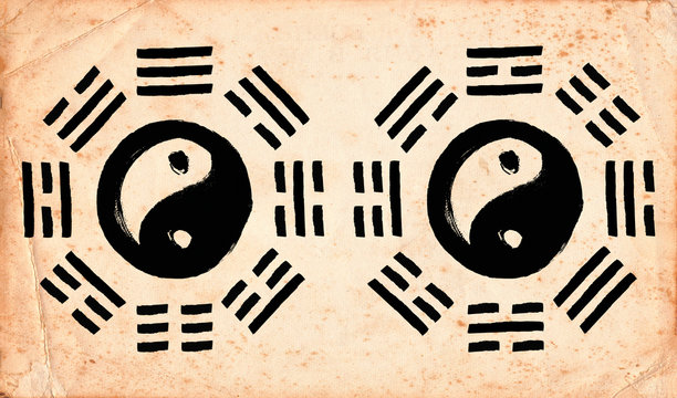 Eight trigrams Bagua on old paper texture Earlier Heaven and Later Heaven arrangemet Feng shiu Ying Yang symbol