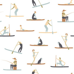 Vector pattern with people standing on sup boards on white background. Vector illustration.