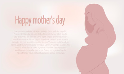 Greeting card banner for mother's day. A silhouette of a pregnant woman tenderly hugging her belly. Vetkor. Flat cartoon style.