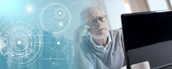 Portrait of bearded senior businessman talking on mobile phone, hard light; panoramic banner