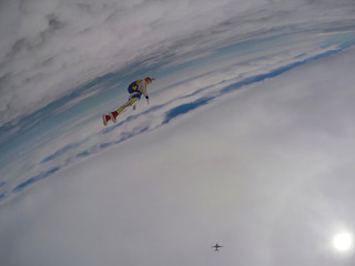 Care. Skydiver does not survive in the air. Person controls his body. Extreme as a hobby. 