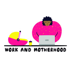 Afro american woman works with laptop while her baby sleeps in carry cot. Lettering 