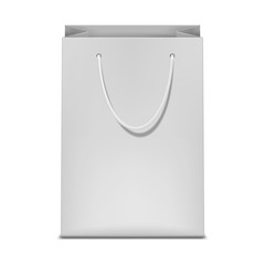 White merchandise bag with rope handles, realistic vector mockup. Blank paper shopping package, mock-up for design