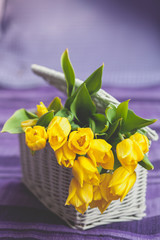 Bouquet from yellow tulips in a wicker basket