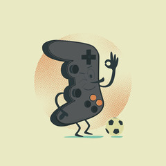 Soccer / Football poster in flat style. Satisfied game joystick shows 
