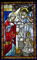 Naklejki  Stained glass window representing the Annunciation in the cathedral from Targu Mures city Romania 26.02.2020