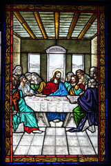 Naklejki  stained glass window representing the Last Supper in the good cathedral of Annunciation from Targu Mures city Romania 26.02.2020